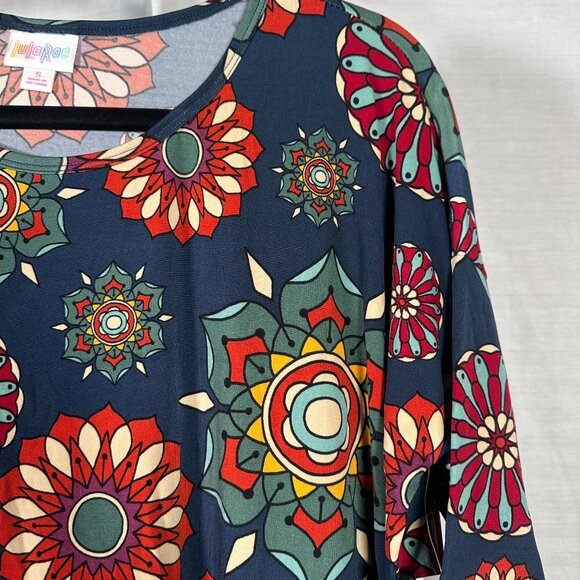 LuLaRoe IRMA Mandala Navy Blue Flowers Red Yellow Hi-Low Tunic Top Shirt SMALL S - Picture 3 of 6